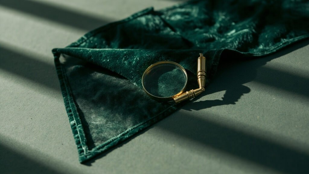 Revers en mesh et loupe de bijoutier sur velours dévoré vert.