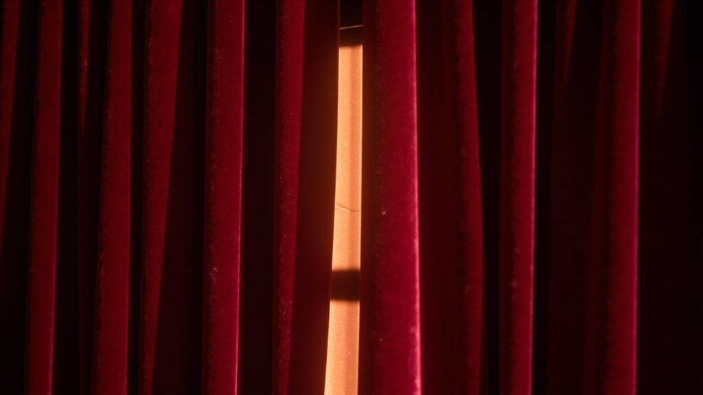 Rideaux de velours rouge traversés par un rayon de lumière dorée.