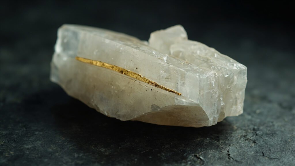 Roche de quartz fendue révélant un filon d'or brut sur ardoise.
