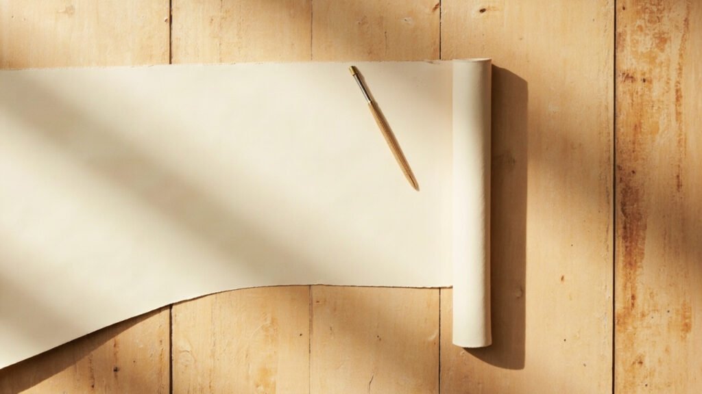 Rouleau de cuir crème avec stylet de bronze sur bois.