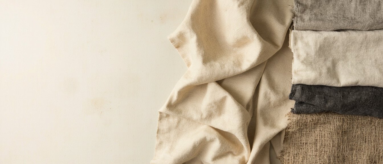 Rouleau de lin haute densité drapé près d'échantillons de flax, coton et chanvre.