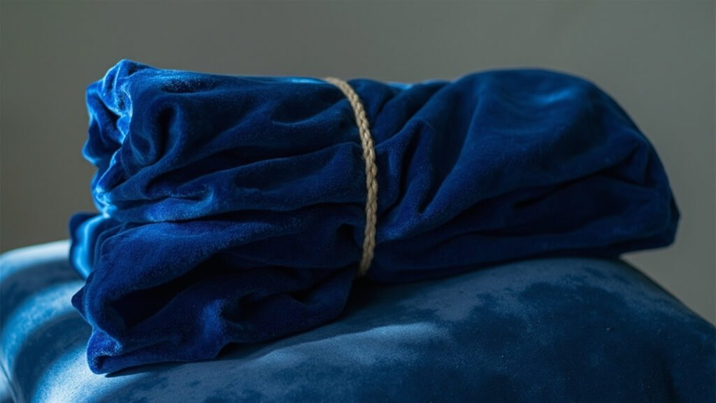 Rouleau de velours bleu nuit, cordon tressé, pile intacte.