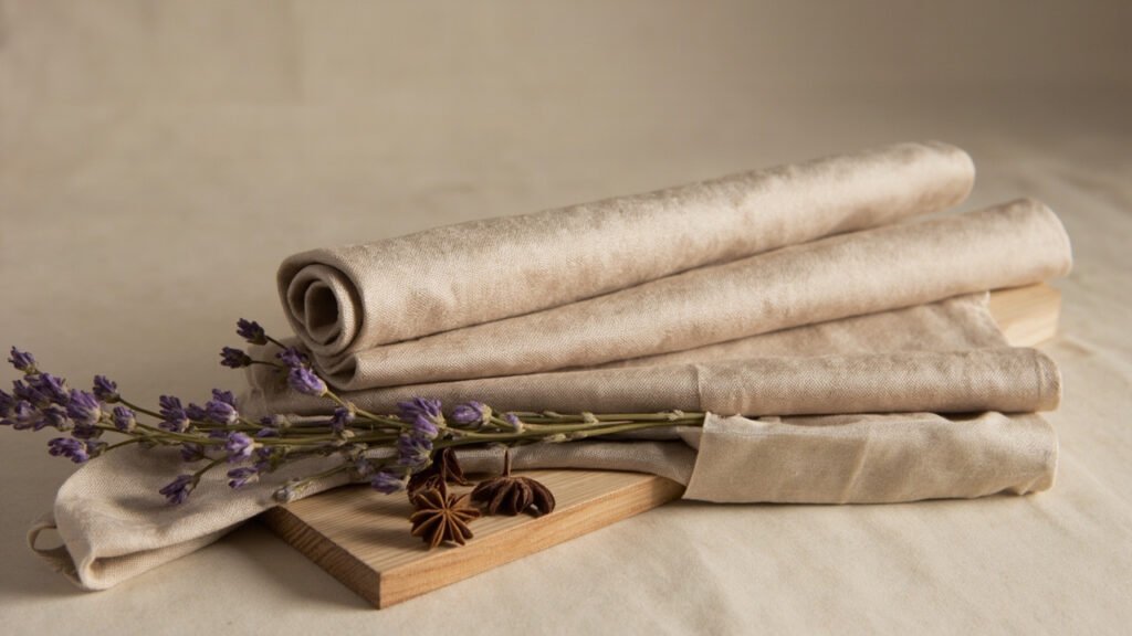 Rouleau satin de laine sable, blocs de cèdre et lavande séchée.
