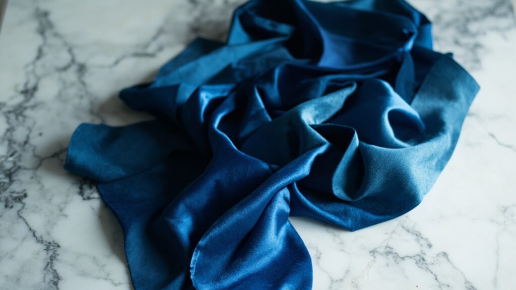 Rouleau velours bleu nuit déployé sur marbre, lumière rasante.