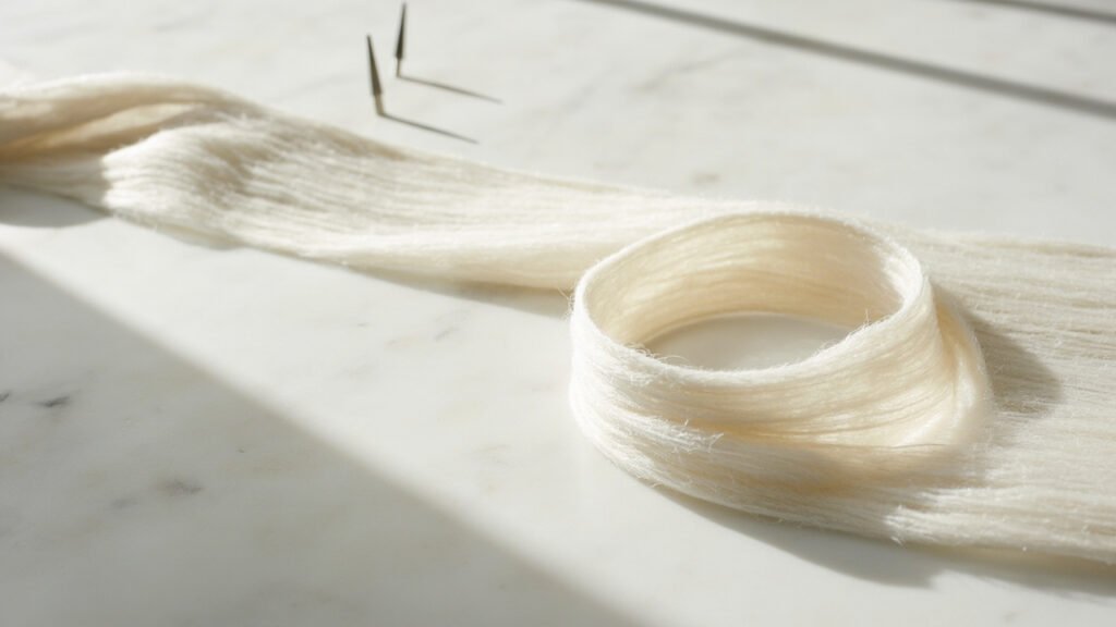 Ruban de cachemire peigné sur marbre, prêt au filage