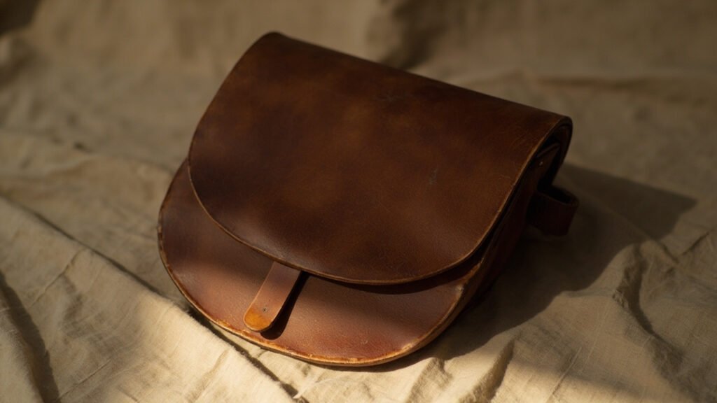 Sac à main en cuir cognac patiné sur lin brut.
