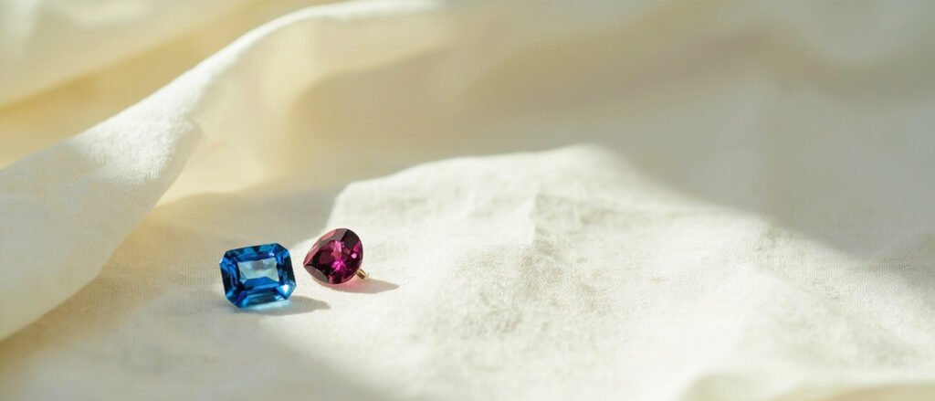 Saphir bleu du Cachemire et rubis birman posés sur soie écrue.