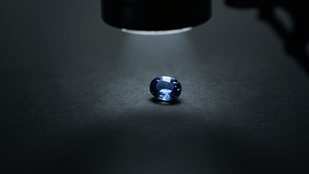 Saphir examiné sous loupe, inclusions et zonation visibles.
