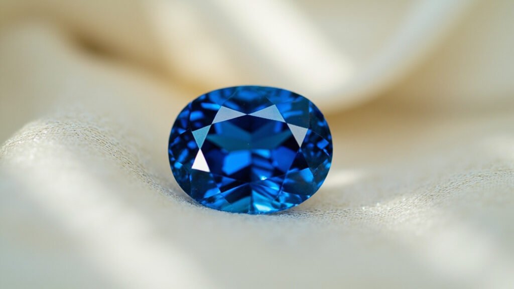 Saphir ovale taille brillant sur soie crème