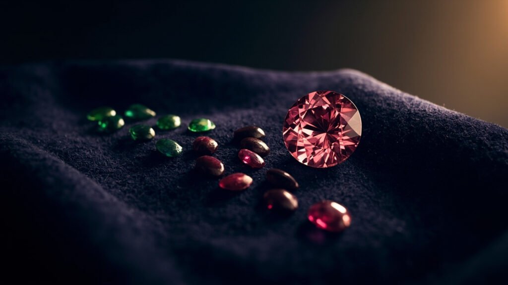 Saphir padparadscha entouré de rubis, émeraudes et saphirs sur velours marine.