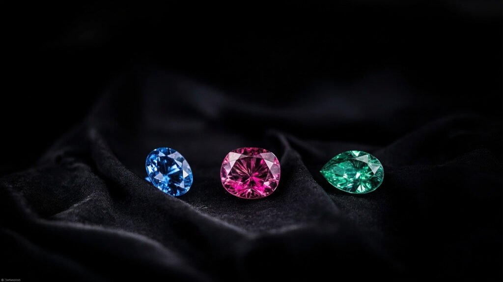 Saphir, rubis et émeraude sur soie noire froissée, lumière directionnelle.