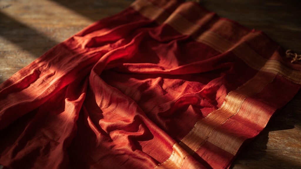 Sari de soie cramoisie à bordure dorée, drapé plissé sur noyer.