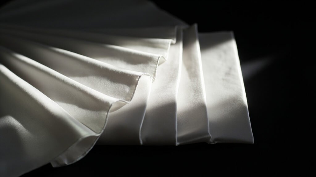 Satin blanc plissé captant un faisceau lumineux.