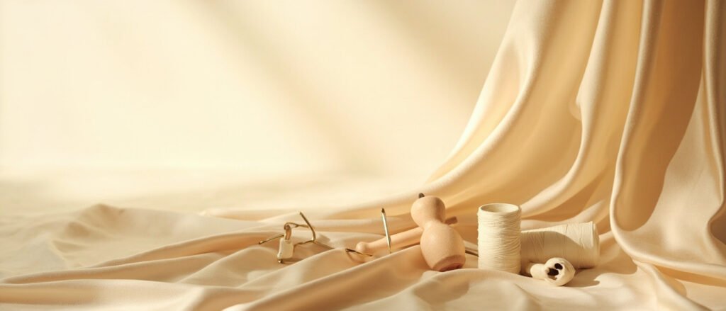 Satin champagne drapé avec aiguilles, fil ivoire et outils de couture.