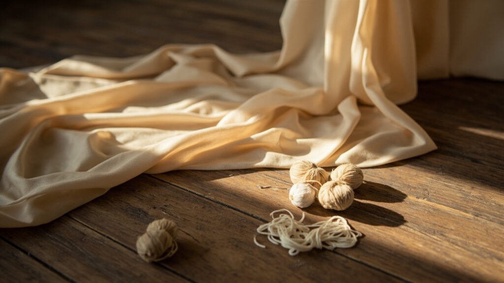Satin champagne drapé sur bois sombre avec cocons de soie.