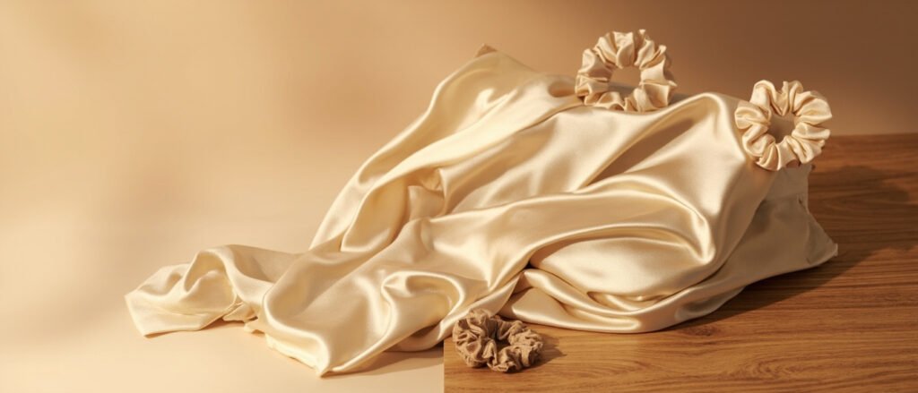 Satin champagne drapé : taie d'oreiller, foulard et scrunchie luisants sur noyer.