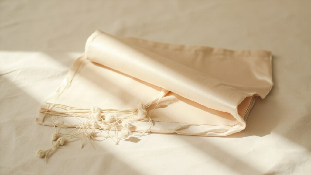 Satin champagne plié, face brillante et envers mat, fils tirés visibles.