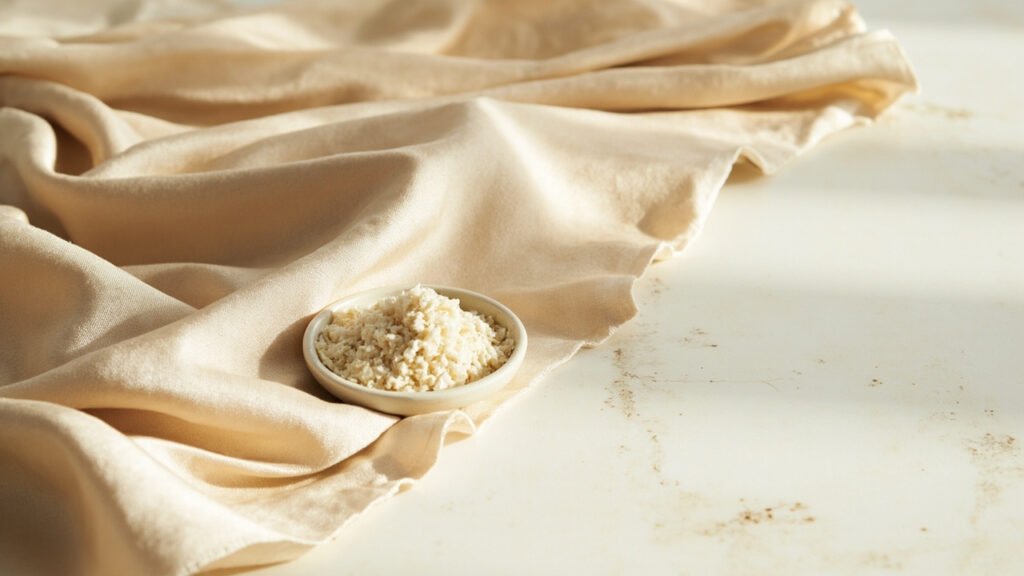 Satin champagne plié près de copeaux de savon naturel.