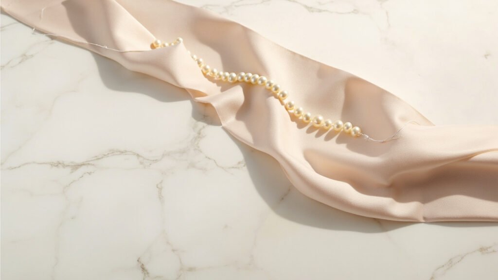 Satin champagne plissé en courbes sculpturales, perles crème sur marbre.