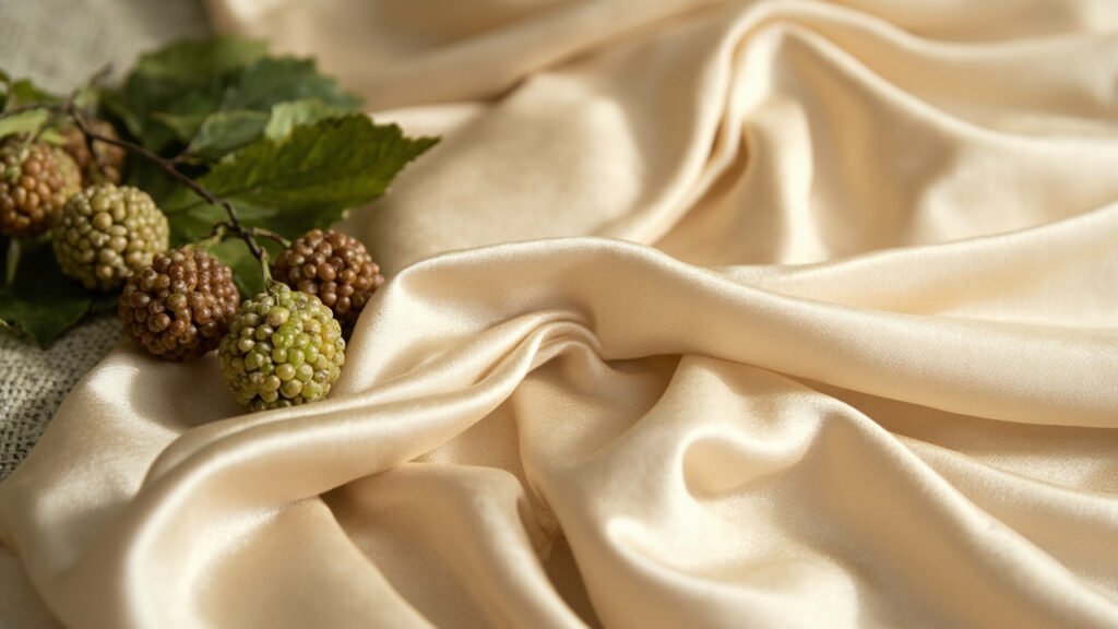 Satin champagne près d'une branche de mûrier et cocons