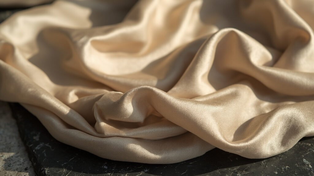 Satin champagne sur ardoise, lumière latérale révélant trame et lustre.