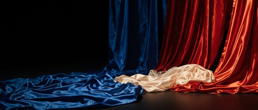 Satin cramoisi plissé sur scène avec cape d'opéra.