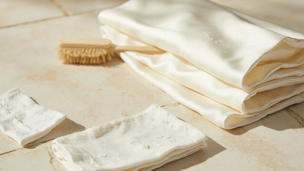 Satin crème plié, brosse douce et mousseline humide.