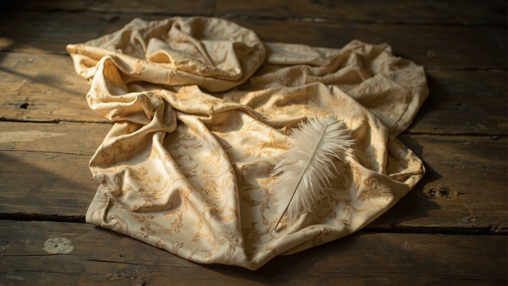 Satin damassé crème et or drapé sur scène antique, plume d'autruche.