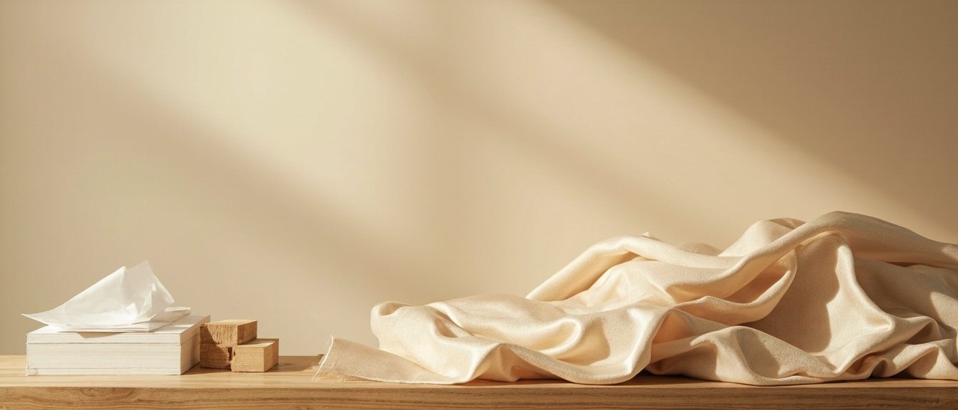 Satin de laine champagne, papier de soie et cèdre.