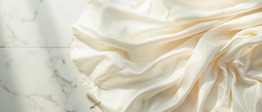 Satin de mariage ivoire drapé en plis lumineux sur marbre clair.