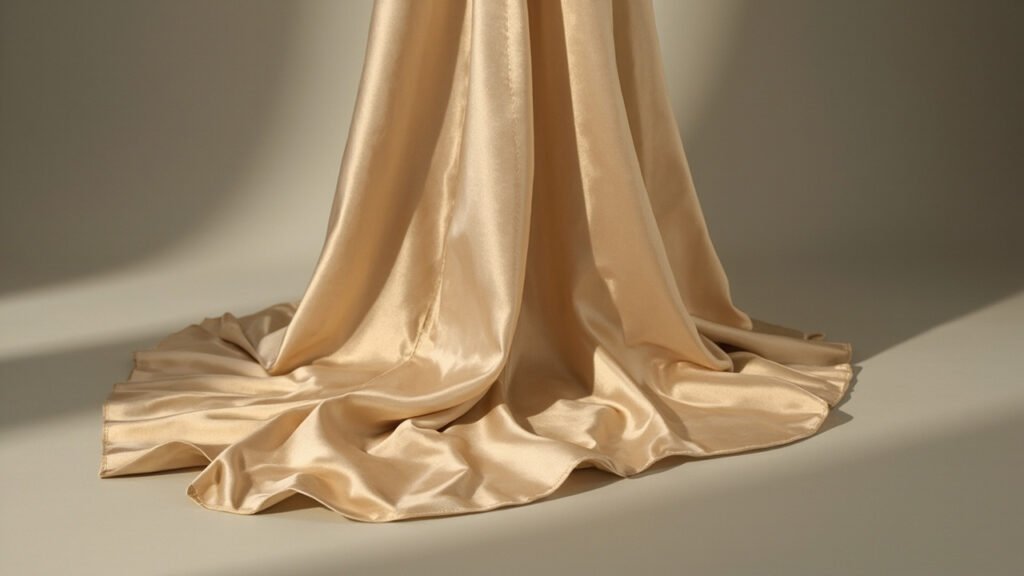 Satin de soie champagne en plis sculpturaux et brillants.