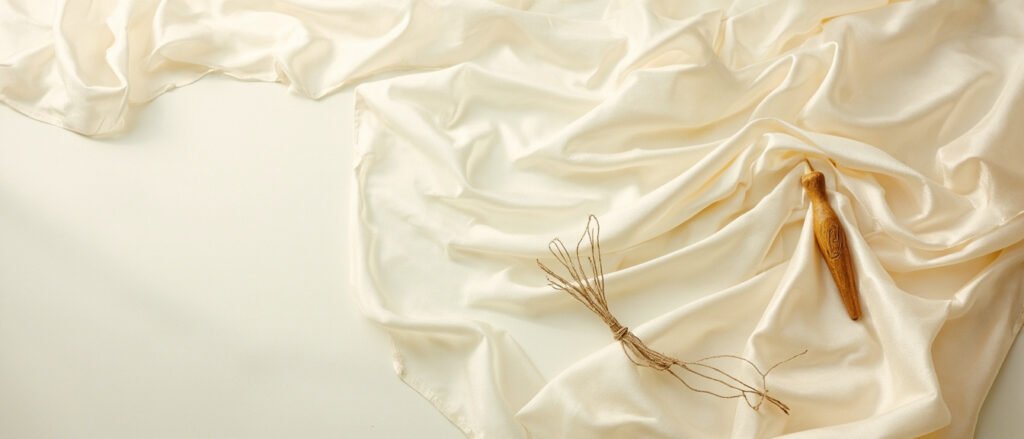 Satin de soie champagne lumineux, navette en bois et soie brute.