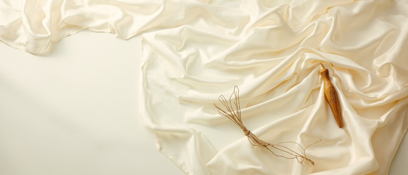 Satin de soie champagne lumineux, navette en bois et soie brute.