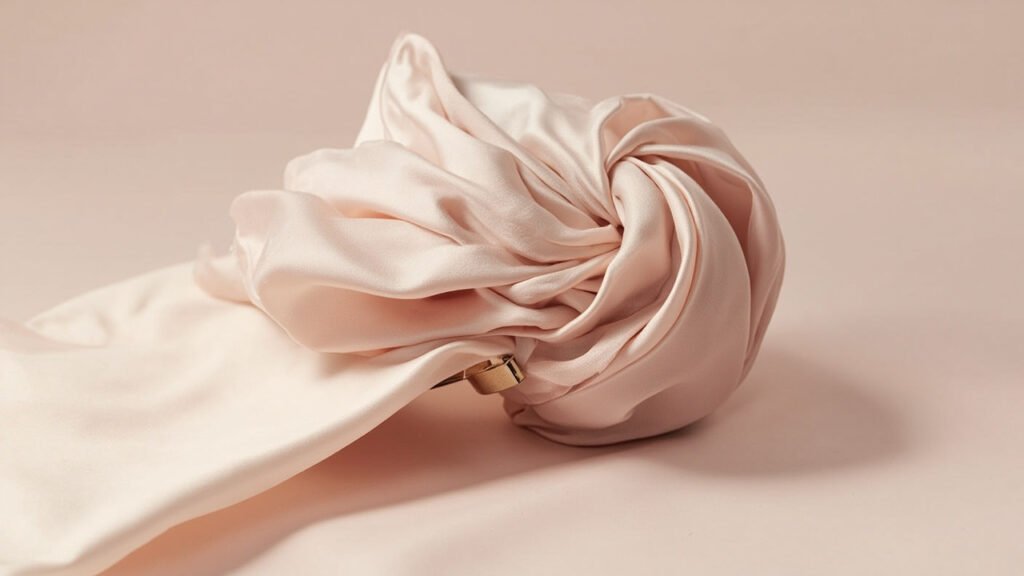 Satin duchesse froissé révélant plis mats et zones brillantes.