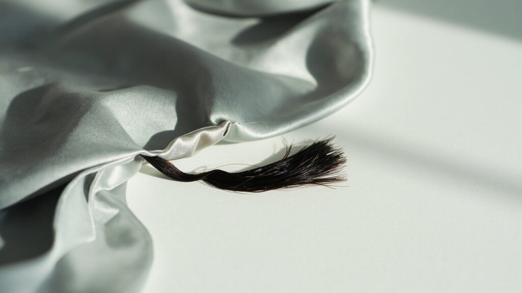 Satin gris perle avec accroc discret et pointe de cheveu cassée.