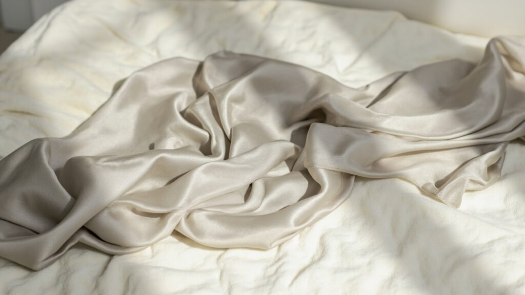 Satin gris perle plissé sur coussin de velours crème.