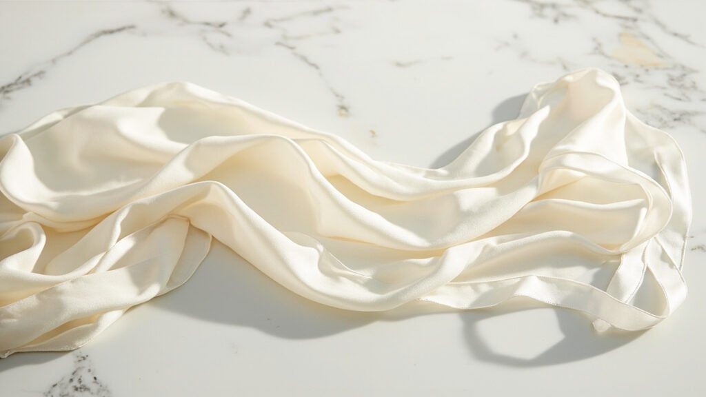 Satin ivoire drapé en plis profonds sur marbre, lumière latérale.