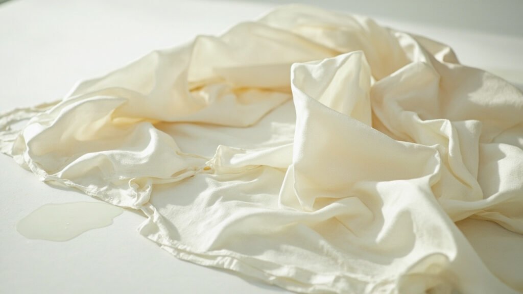 Satin ivoire froissé : plis, fil tiré, goutte d'eau.