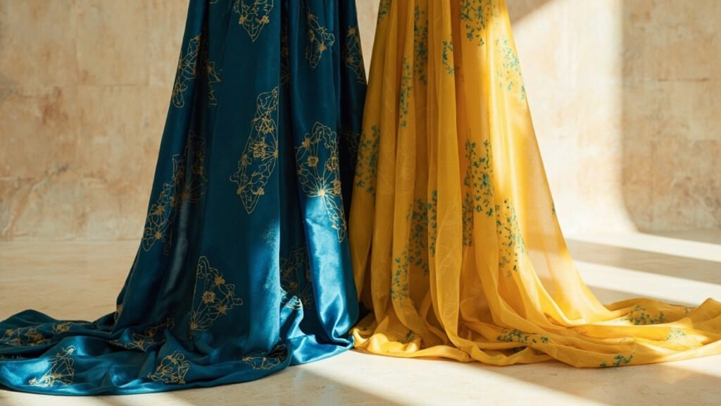 Satin lapis et satin safran brodés d'arabesques, drapés sur travertin.