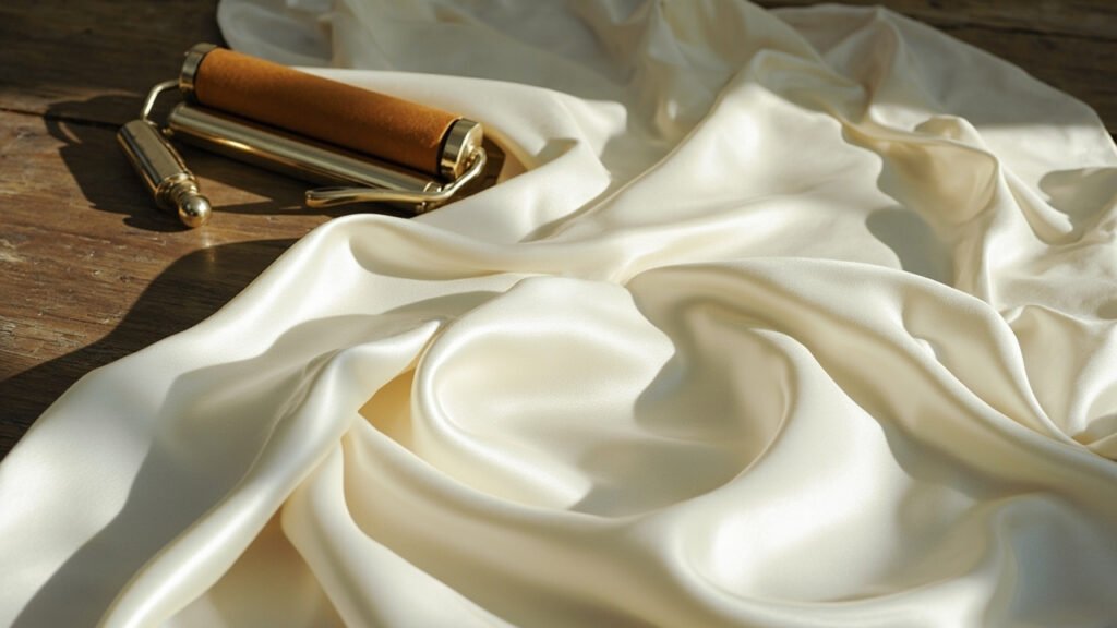 Satin mi-brassé mi-brillant aux côtés de rouleaux de calandrage en laiton.