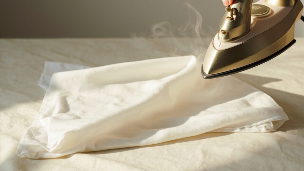 Satin nude, pattemouille blanche et fer en laiton tiède.
