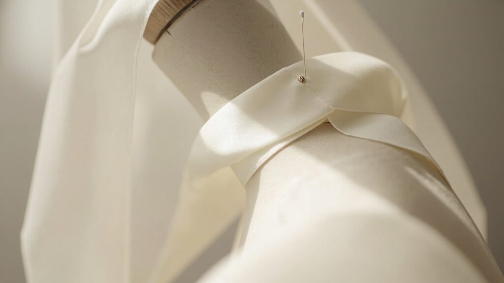Satin perle en biais tendu sur forme en bois, épingles.