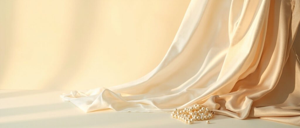 Satin perle et champagne drapé en plis lumineux avec perles.