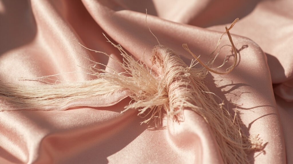 Satin rose fané, bouloché et fil tiré, gros plan sur le tissu abîmé.