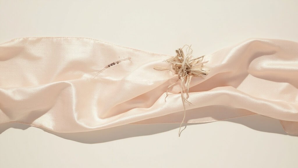 Satin rose pâle montrant fils tirés, accroc et zone usée.