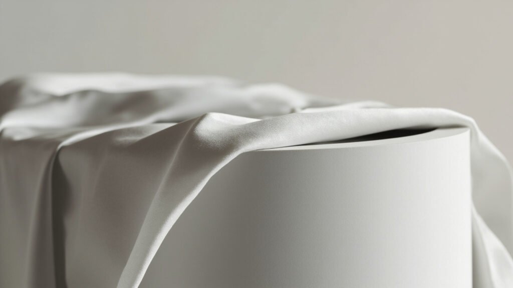 Satin tendu sur forme rigide, révélant sa fonction structurelle.