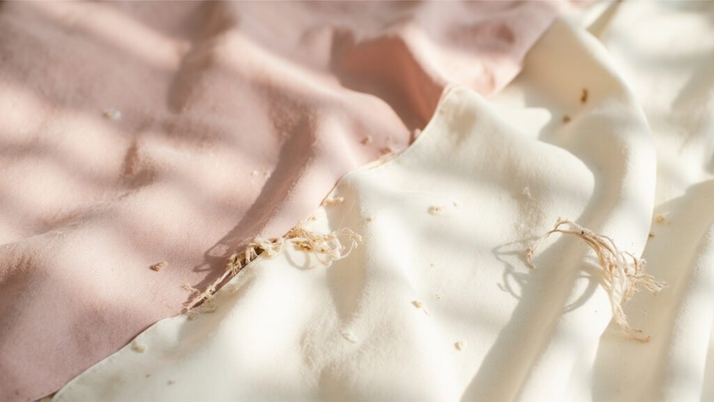 Satin usé, fibres écrasées, cheveux emmêlés en comparaison.