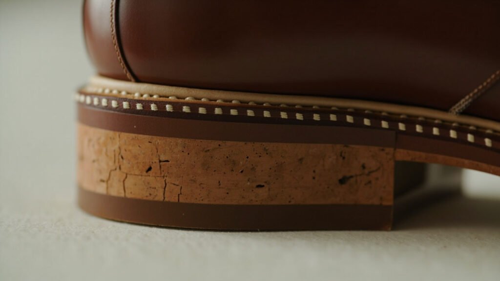 Semelle cousue main, trépointe et talon cuir empilé.