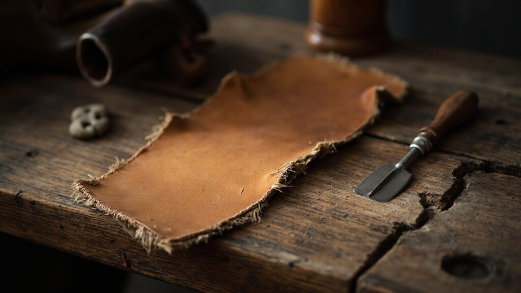 Semelle en cuir végétal brun miel, forme en bois et alêne.