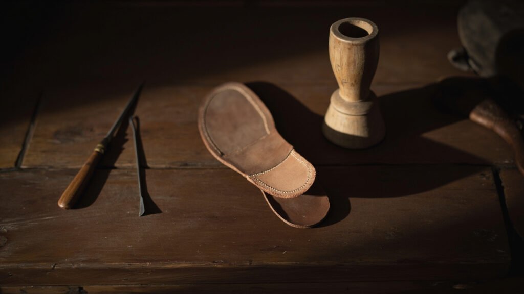 Semelle usée jusqu'à la trame, outils de cordonnier sur bois.